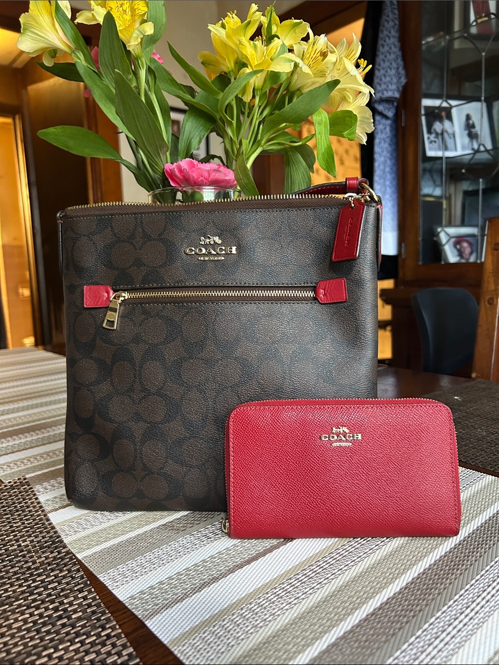 Coach Brown Signature Crossbody with Red Leather Accents